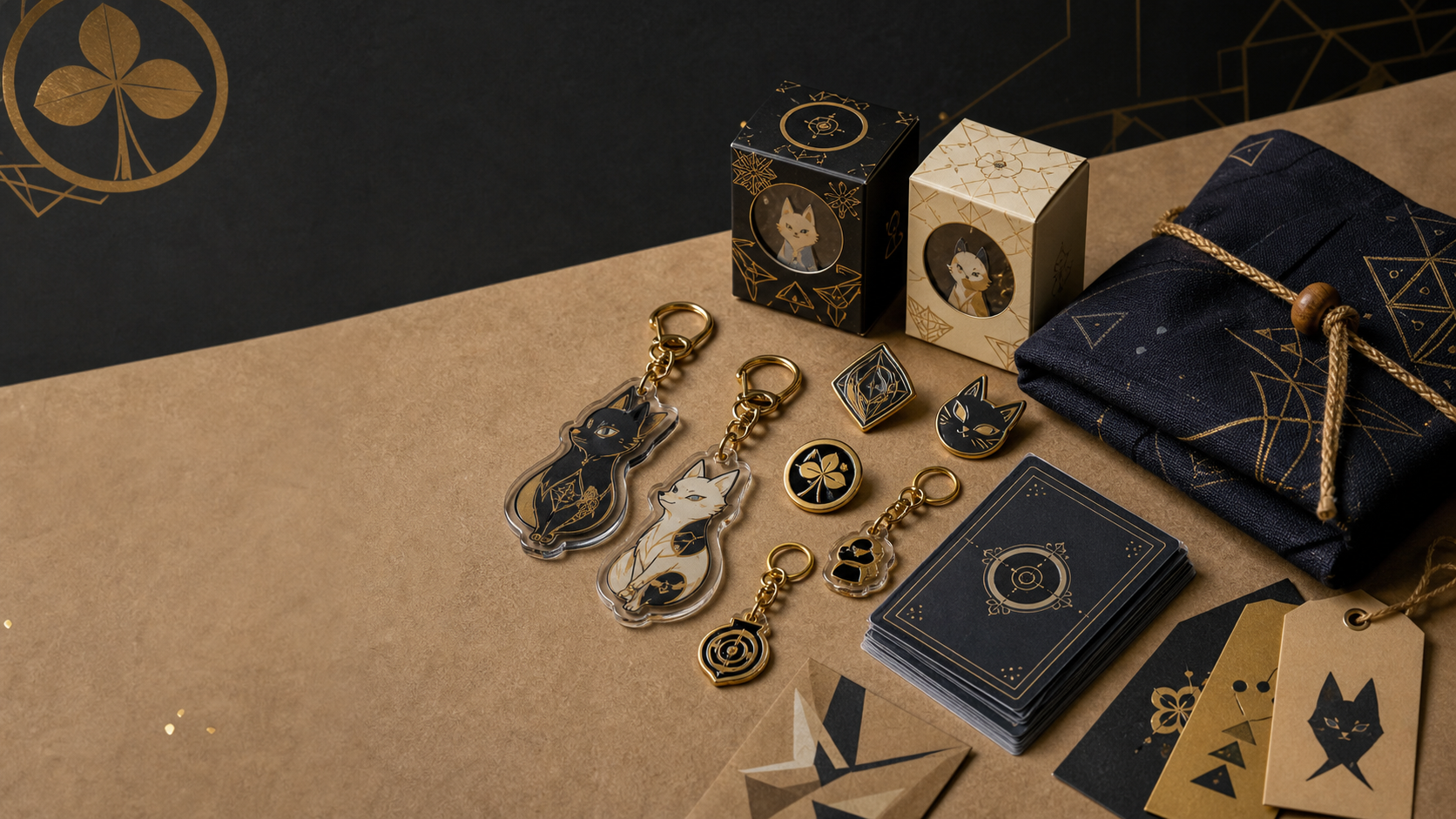 Curated fictional anime-style goods on a craft paper table